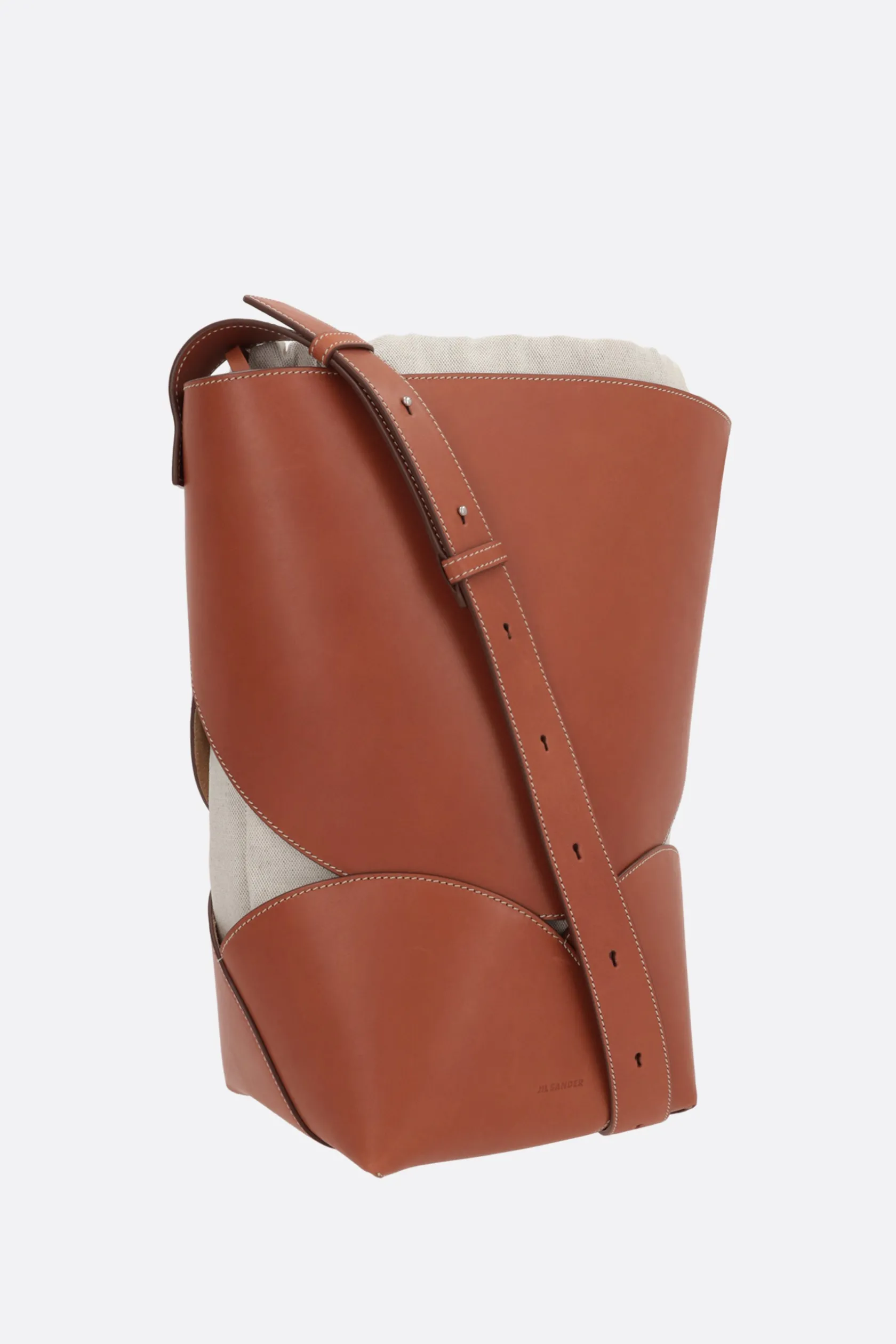 Borse A Tracolla>JIL SANDER borsa a secchiello Curve media in pelle liscia e canvas Marrone