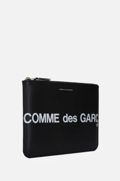 Piccola Pelletteria>COMME DES GARÇONS WALLET busta large in pelle liscia stampa logo Nero