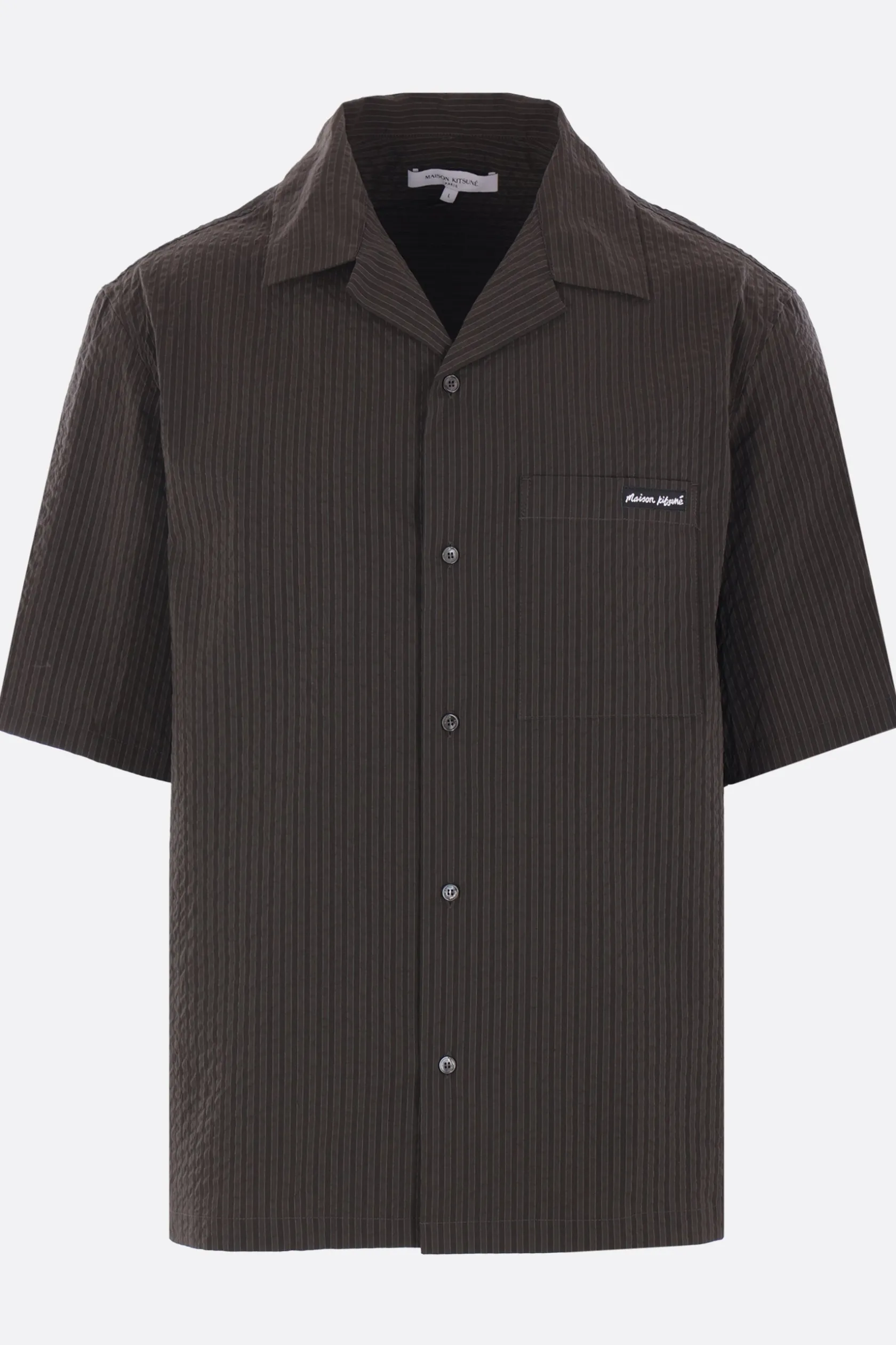 Topwear>MAISON KITSUNÉ camicia a maniche corte in seersucker a righe Verde