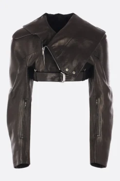 Capispalla>RICK OWENS giacca biker cropped in nappa con cappuccio Nero