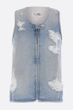Topwear>MM6 gilet in denim effeto sdrucito Blu