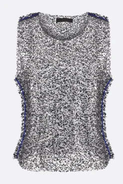 Topwear>MARIA CALDERARA top smanicato Magpie in mesh con perline e paillettes Nero