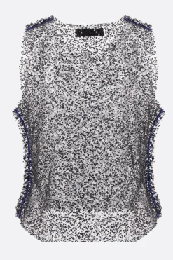 Topwear>MARIA CALDERARA top smanicato Magpie in mesh con perline e paillettes Nero
