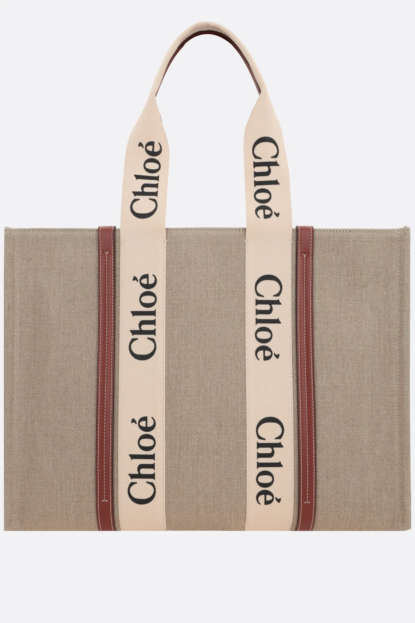 Borse A Mano>CHLOÉ tote Woody large in lino e pelle Marrone