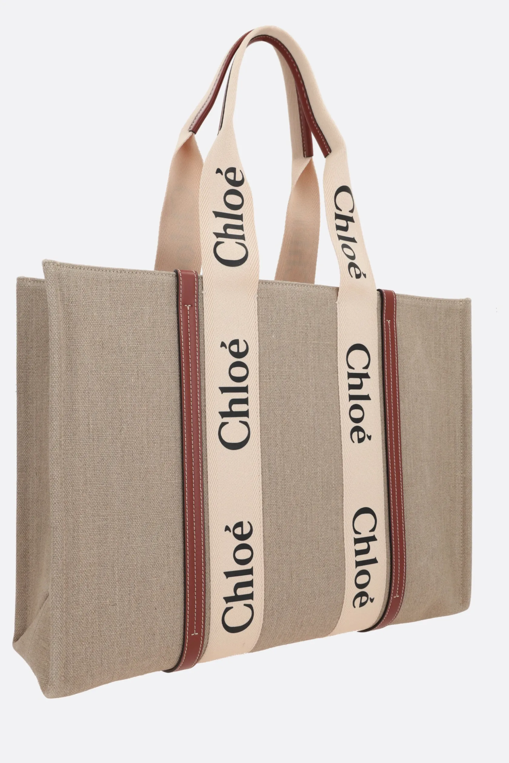 Borse A Mano>CHLOÉ tote Woody large in lino e pelle Marrone