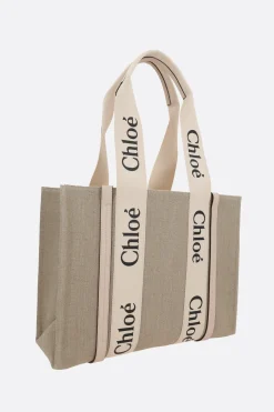 Borse A Mano>CHLOÉ tote Woody media in lino e pelle Rosa