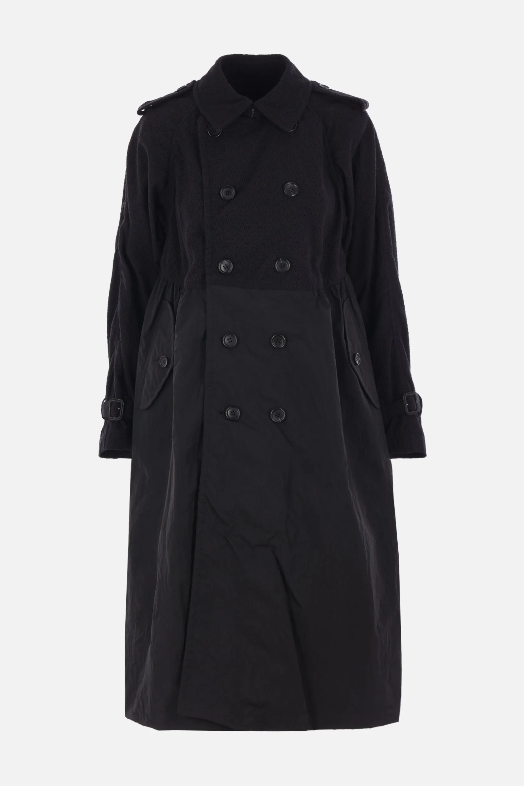 Capispalla>TAO COMME DES GARÇONS trench in cotone ricamato e taffetà tecnico Nero